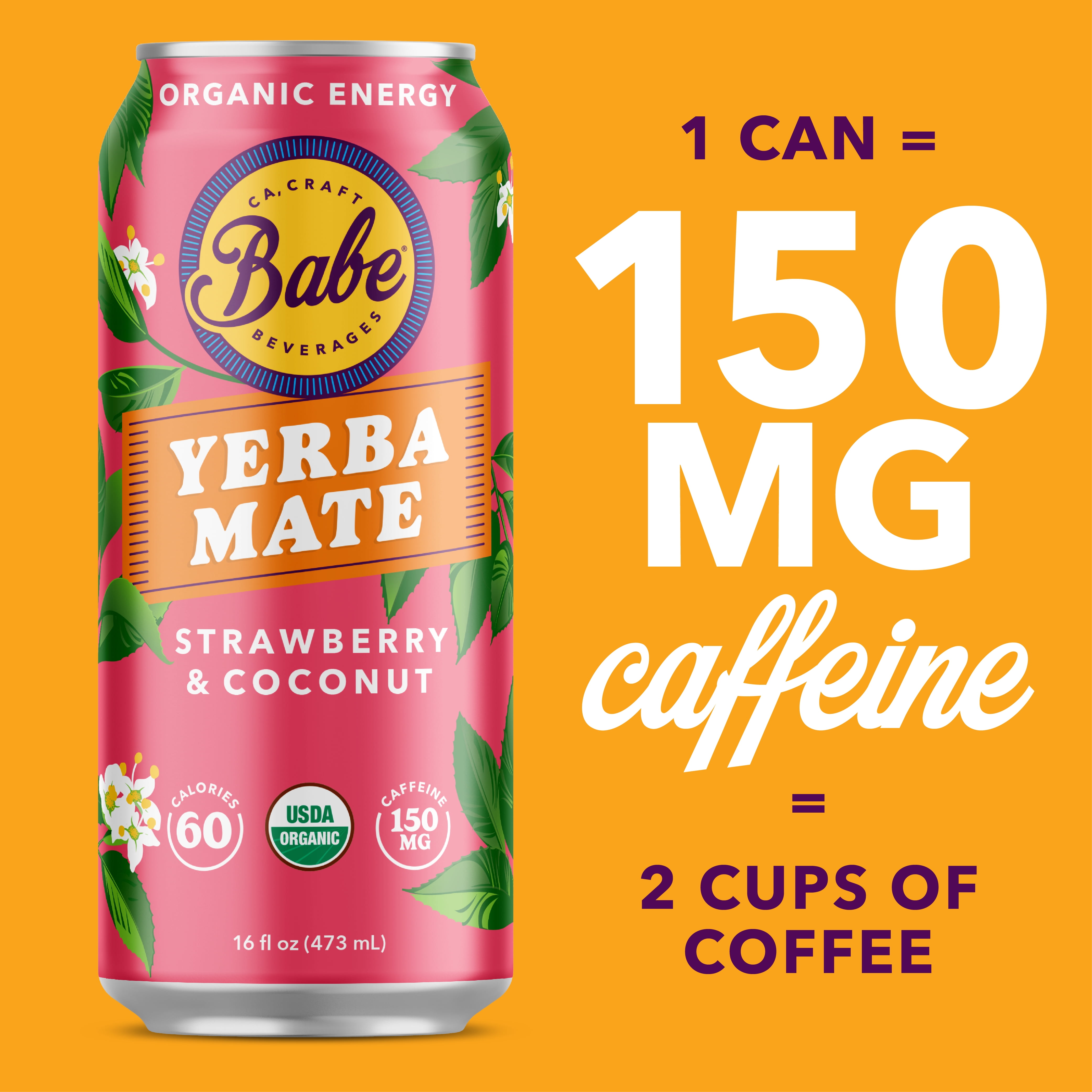 Babe Yerba Mate, Natural Energy Drink Alternative, Organic Strawberry Coconut, 16oz (Pack of 12), 150mg Caffeine