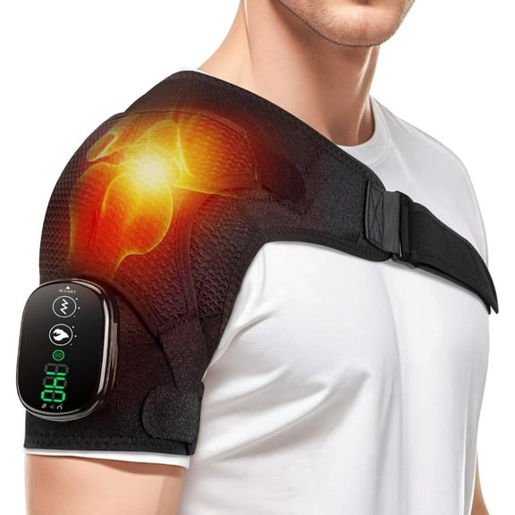 Cordless Shoulder Heating Pad with Massage, 3 Heat & Vibration Levels, 5000mAh Rechargeable Shoulder Wrap for Pain Relief, Deep Tissue Shoulder Massager for Men and Women