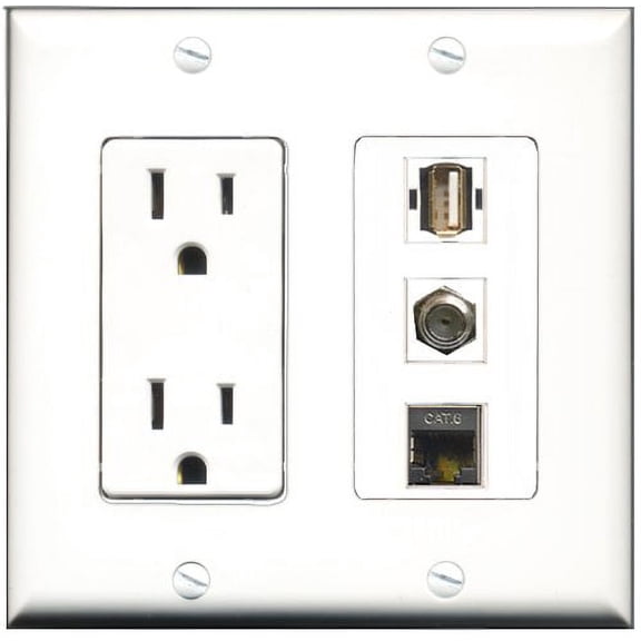 RiteAV - 15 Amp Power Outlet 1 Port Coax 1 Port USB A-A 1 Port Shielded Cat6 Ethernet Ethernet Decorative Wall Plate