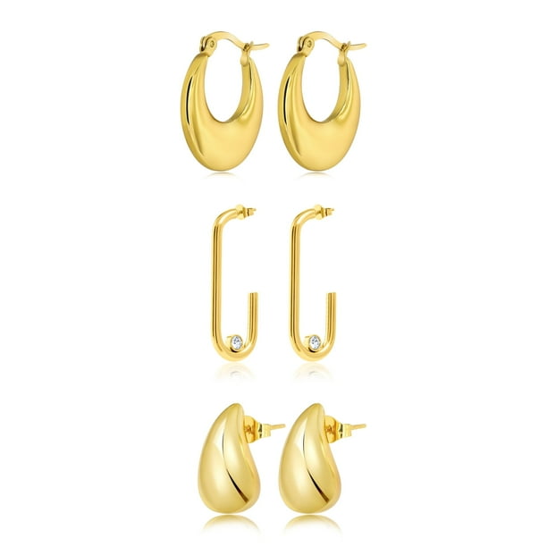 Conjunto de 3 Pares de pendientes JeenMata para mujer bañados en oro amarillo