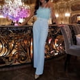 thumbnail image 5 of LEKODE Women Strapless Feather Tube Top Jumpsuit, Belted Straight Long Pant Romper for Holiday Cocktail Gathering Activities womens summer outfits Blue 2XL, 5 of 9