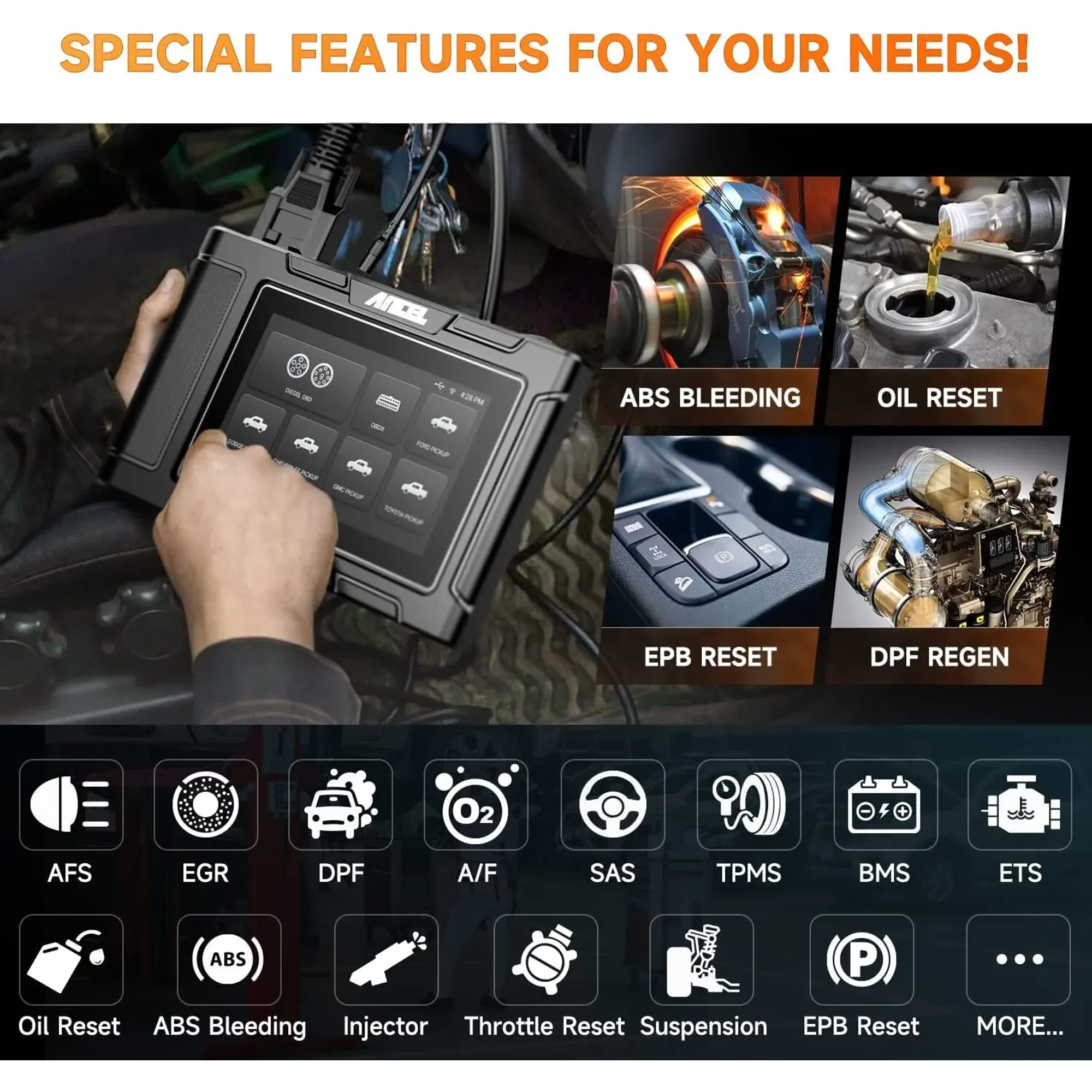 ANCEL HD3500 Pickup Truck OBD2 Scanner, All Systems Diesel Diagnostic Tool with Bidirectional & Service Reset & D-P-F Regen, 2-IN-1 Car Code Reader for Ford/Dodge/Chevy/GMC/Toyota/Honda/Nissan/Isuzu