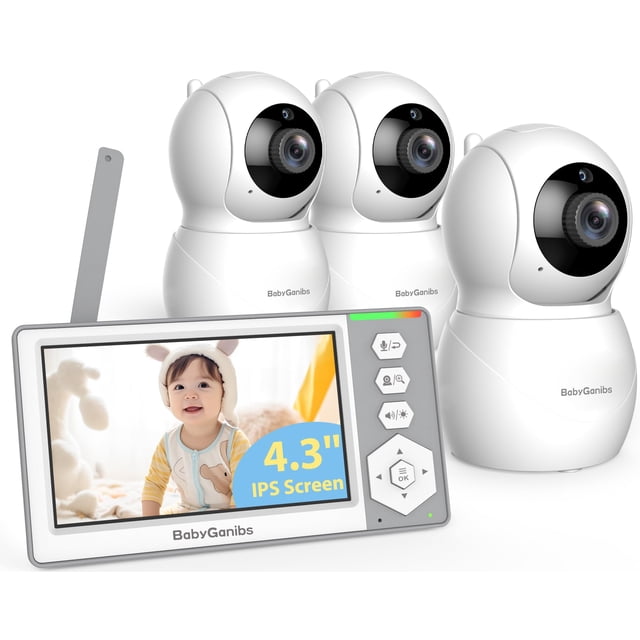 Monitor para bebés con 3 cámaras en espera para batería de 23 horas, control remoto Monitor para bebés con video IPS de 4.3 '' Sin WiFi Hasta 1000 pies de alcance, ECO, visión nocturna, temperatura, c