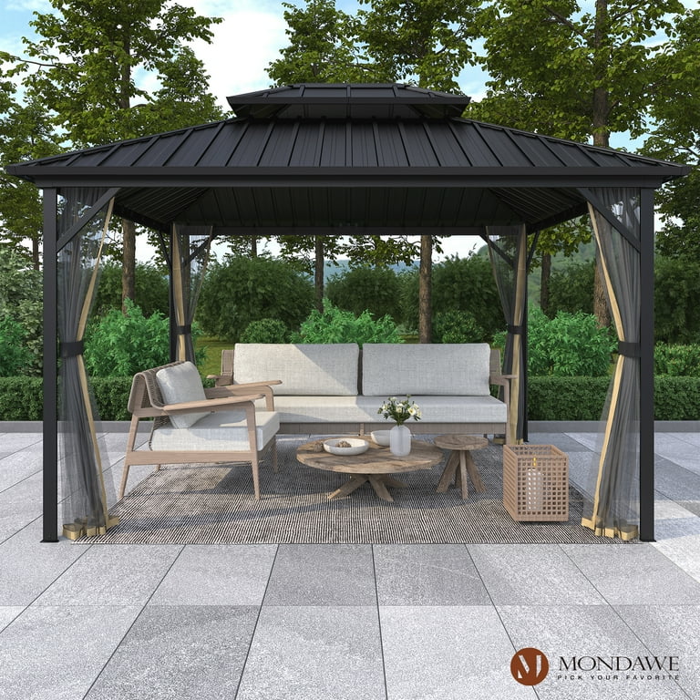 Mondawe 10 x12 Hardtop Gazebo Iron Frame Galvanized Steel Double Roof Outdoor Shade Patios Gardens Gazebo with Nettings and Ceiling Hooks Black