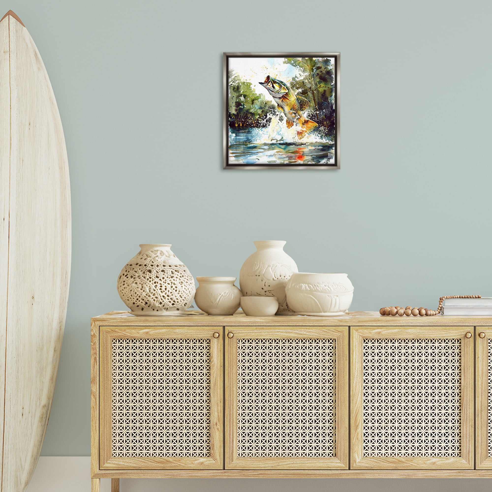 Stupell Industries Fish Jumping Splash Animals Painting Gray Floater Framed Canvas Art Print Wall Art, 18 x 18