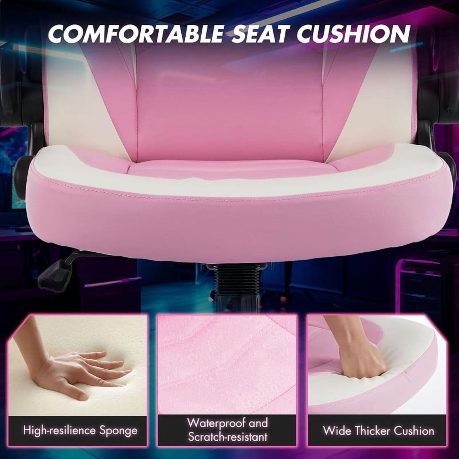 Beddle Gaming Office Chair, Ergonomic PU Leather High Back Swivel Computer Desk Chair with Flip-up Arms, Lumbar Support, White Pink