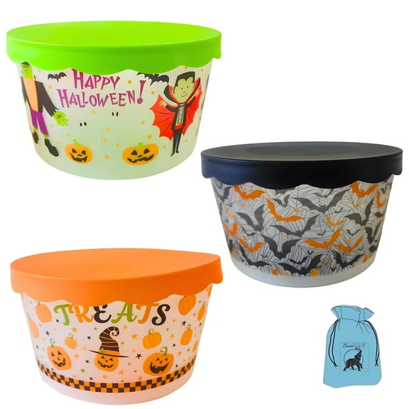 3-Pack Halloween-Themed Plastic Treat Containers with Lids, 8 in. x 4 in. Round Storage Bowls Candy Snacks Treats Party Server and Bonus EB Essential Bag