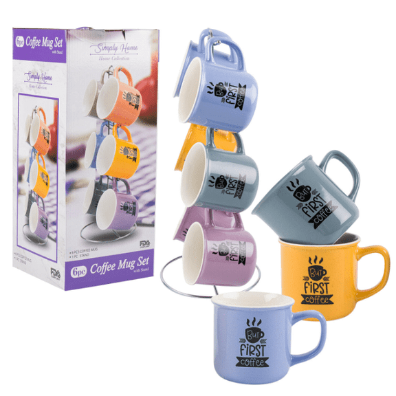 Simply Home 6 Piece Silk Screen Design Coffee Mugs with Stand, Assorted Colors, Set of 6
