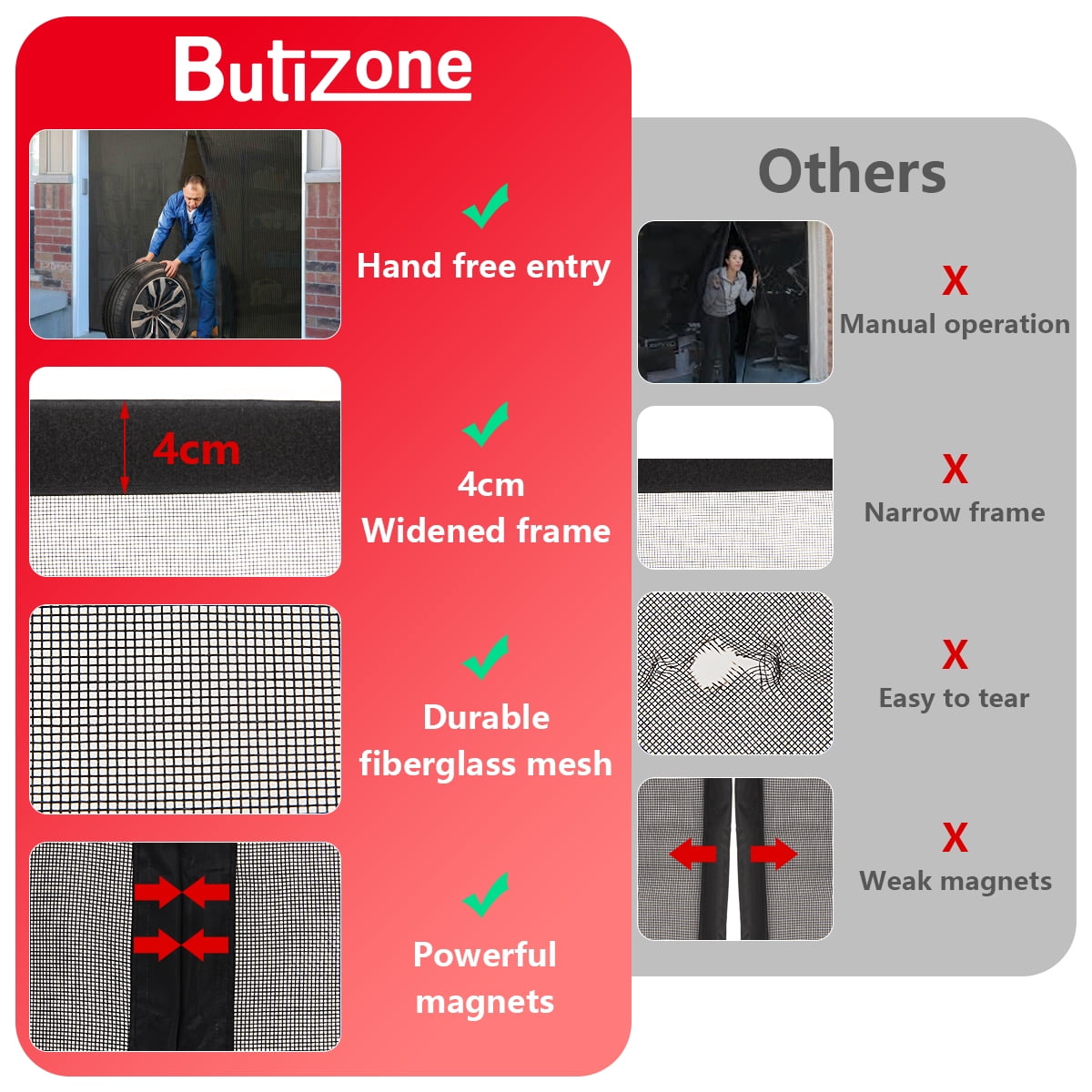 Butizone Garage Door Screen for 1 Car Garage Doors, 16x7FT Reinforced Fiberglass Magnetic Single Garage Screen Door with High Energy Magnets