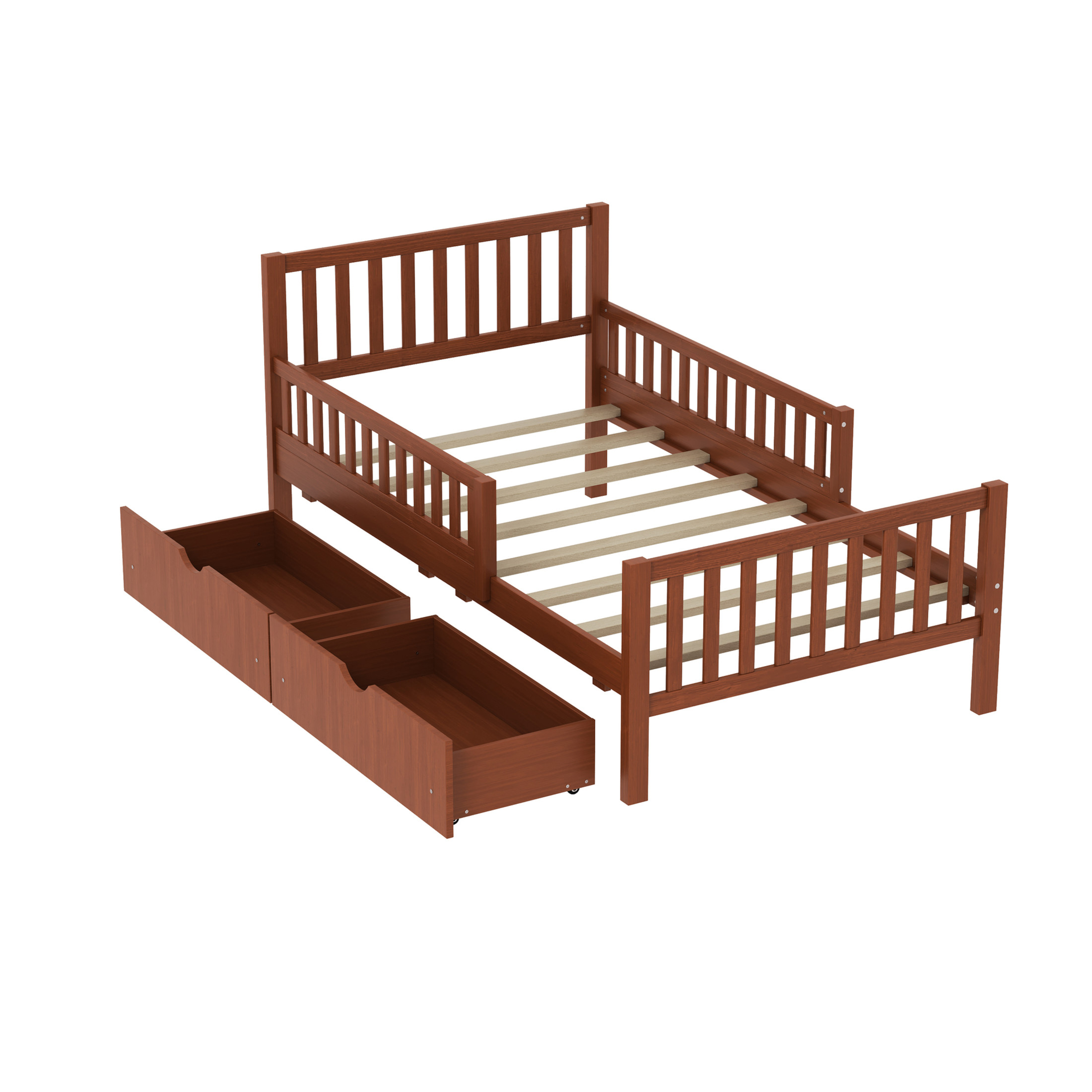 Noble House Twin Size Wood Platform Bed with Guardrails on Both Sides and Two Storage Drawers,Walnut