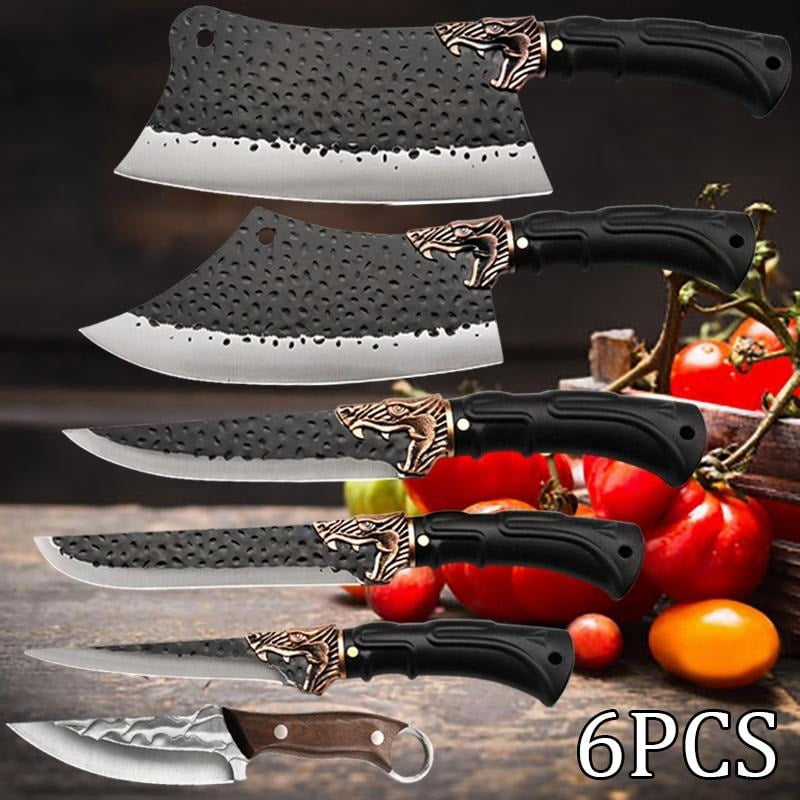 6PCS Stainless Steel Professional Kitchen Chef Knife Set Handmade Forged Knife for Kitchen Convenience Butcher Knife Meat Cleaver Boning Knife Fish Knife Camping Knife Cutting Knife Utility Knife