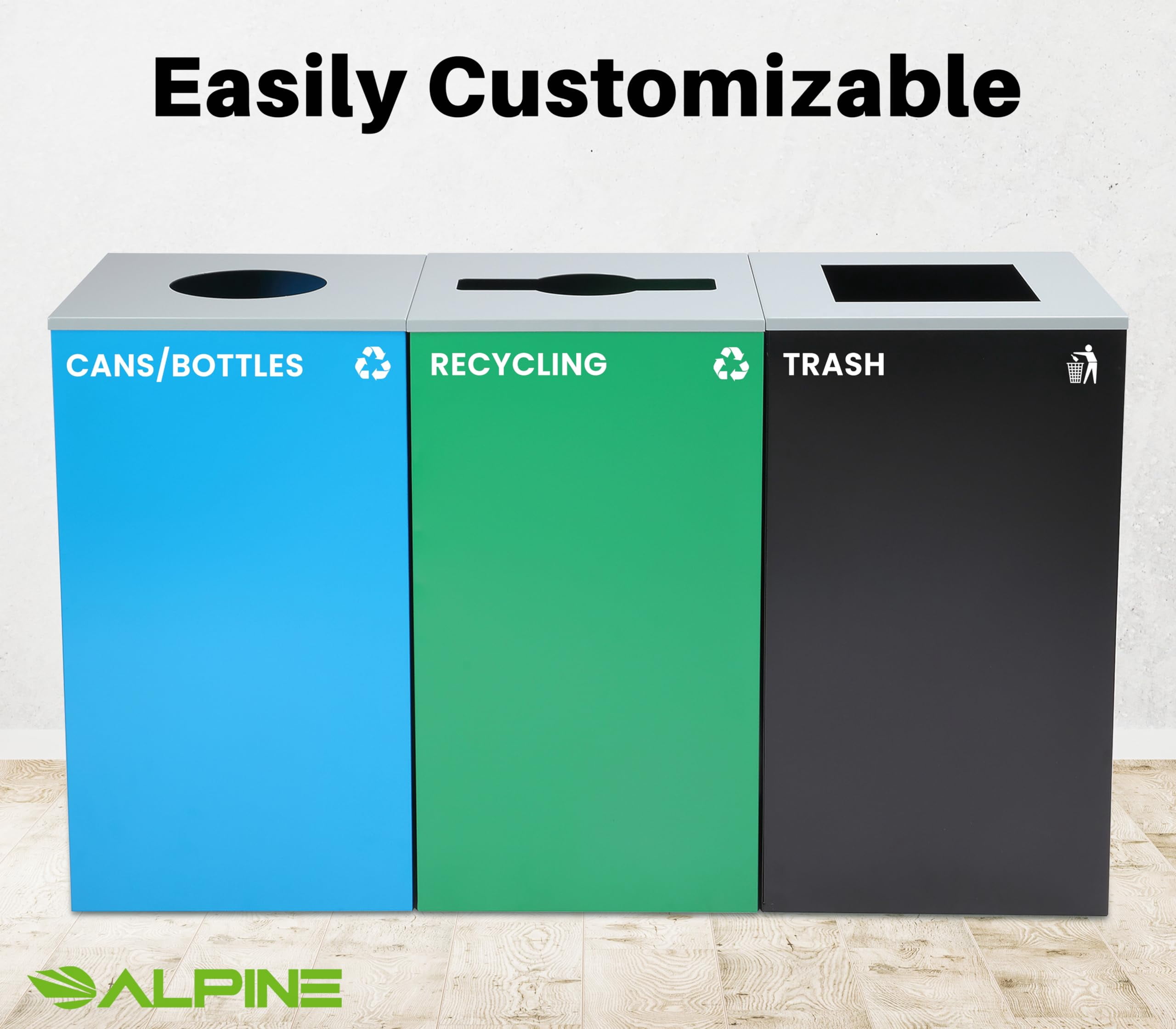 Alpine Commercial Indoor Recycle Bin with Lid - 29 Gallon Blue Recycle Bin Recycle Trash Can Office Recycling Bins, Metal Recycling Container with Stickers & 3 Optional Lids Sold Separately