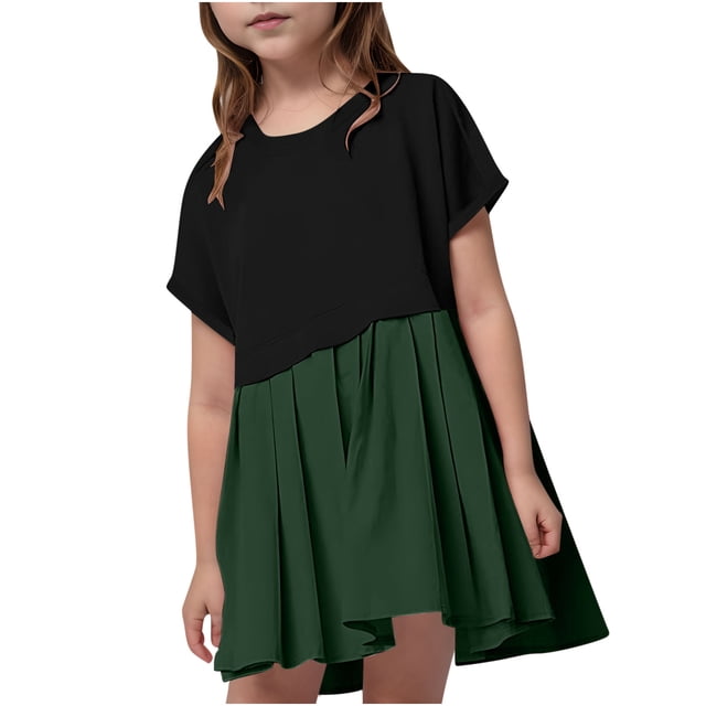 Odeerbi 5-14 Años Niñas Verano Patchwork Plisado Vestido Línea A Playa Boho Mini Sudadera Vestido Niños Color Sólido Manga Corta Vestido Tenis