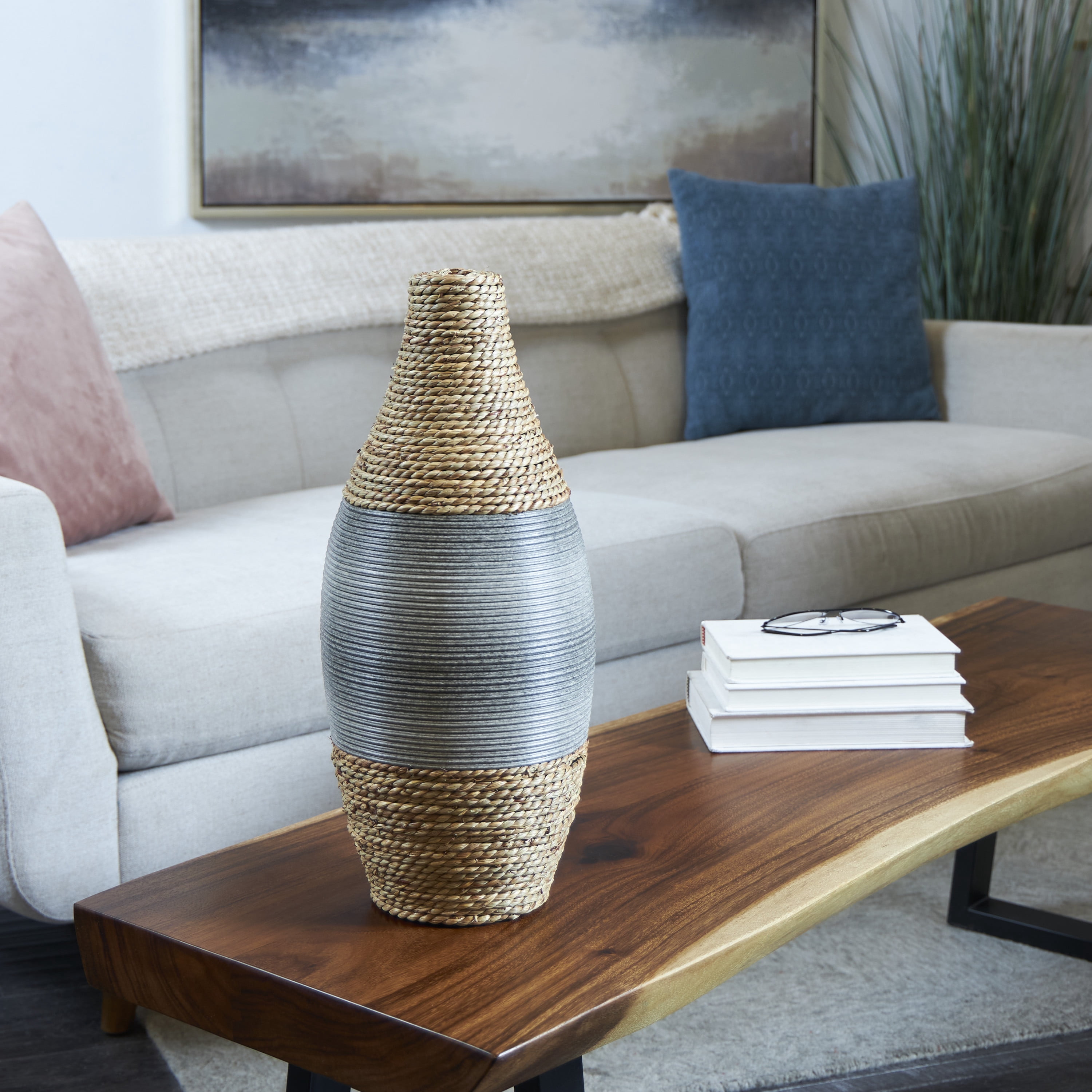 DecMode 19" Handmade Wrapped Brown Seagrass Vase with Layered Gray Paneling