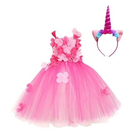 

Etereauty Baby Girls Petal Dress and Rosy Unicorn Headgear Set Summer Birthday Sleeveless Tulle Set Girl for 7Y (Pink)