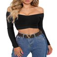 thumbnail image 1 of Women Off Shoulder Crop Top Long Sleeve Ribbed Knit Stretchy Blouse Top Vest, 1 of 6