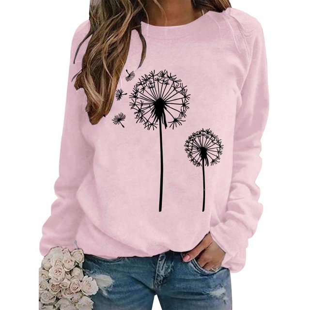Chandail de Mode pour Femmes Imprimé Pissenlit Col Rond Manches Raglan Manches Longues Haut Décontracté Ample Confortable