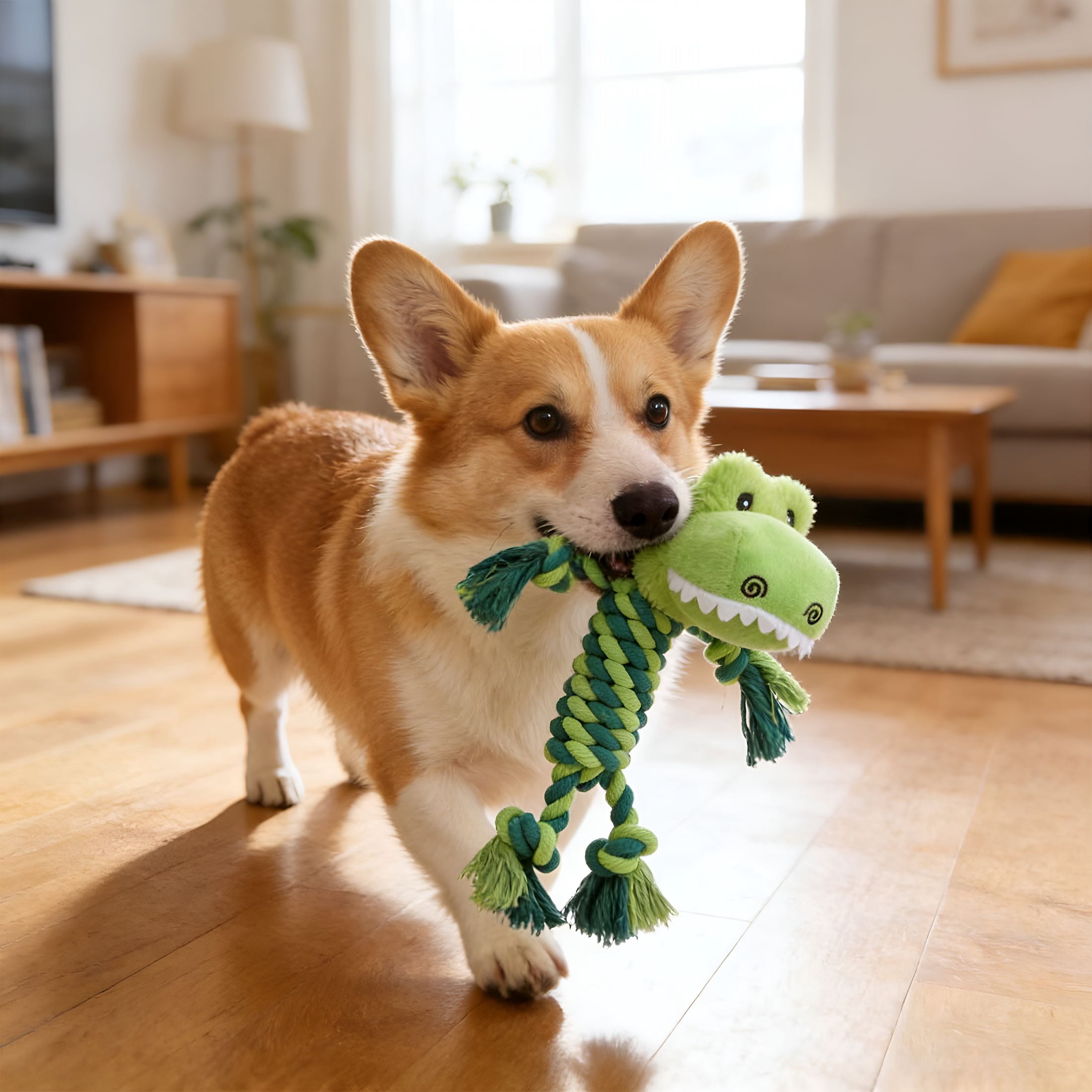 BESTSKY Squeaky Animal Rope Chew Toy for Dogs Cotton Braided Tug Toy with Cute Dinosaur Shapes Interactive Pet Toy for Indoor Outdoor Play