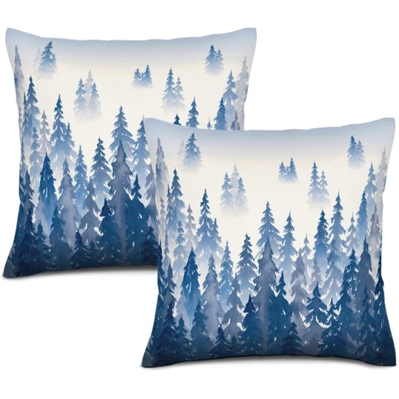 Blue Forest Tree Pillow Covers Watercolor Nature Landscape Printed Throw Pillows Winter Christmas Square Linen Cushion Case for Home Sofa Couch Bed Outdoor 18x18 Set of 2