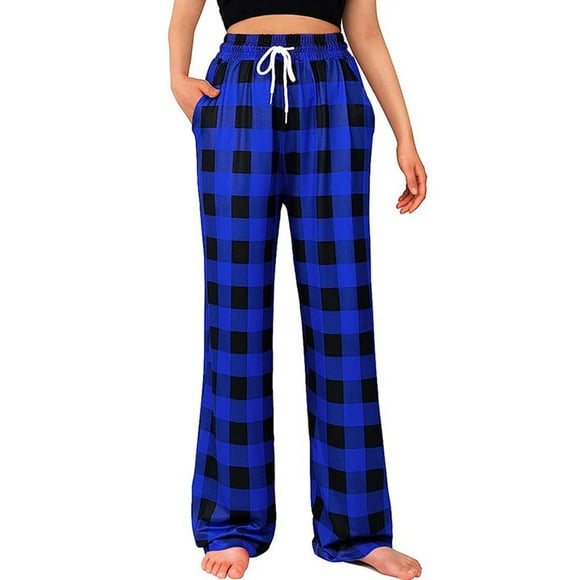 Bellella Ladies Pajama Pants Plaid Lounge Pant Elastic Waist Pj Bottoms Comfy Straight Leg Sleepwear Women Trousers Dark Blue M