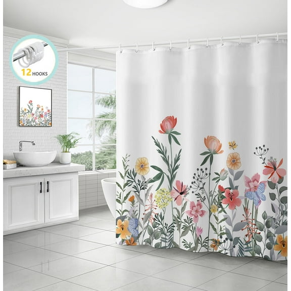 Zrodlmo White Floral Shower Curtain with Hooks, Water-Repellent Fabric Bathroom Curtain, 72"x 72", Red Flower