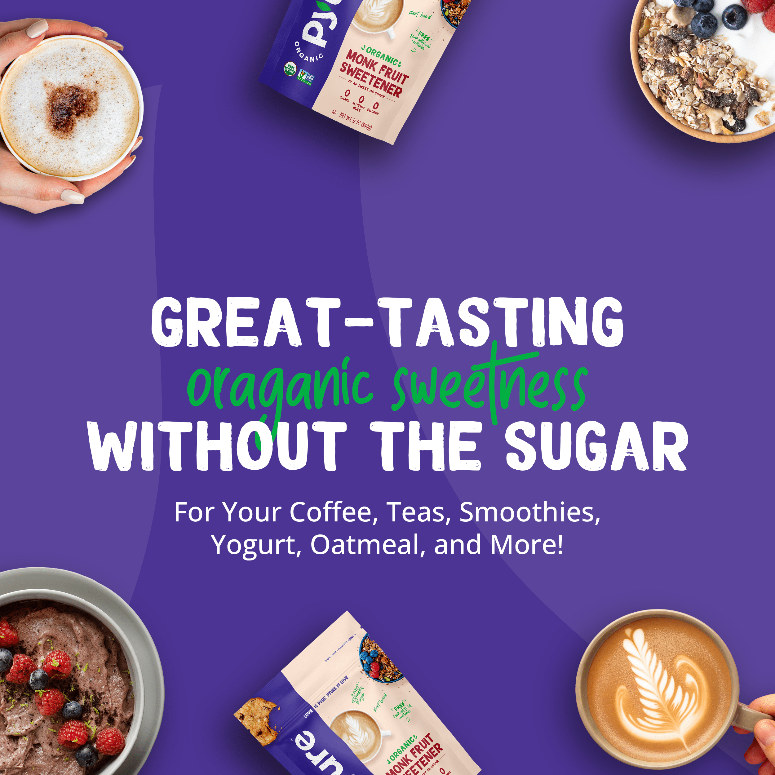 Pyure Organic Monk Fruit Sweetener | White Sugar Substitute for Baking, Coffee & Tea | Zero Carb, Zero Calorie, Keto, Plant-Based, Non-GMO, Gluten-Free, USDA Organic | 12 oz Granulated Blend