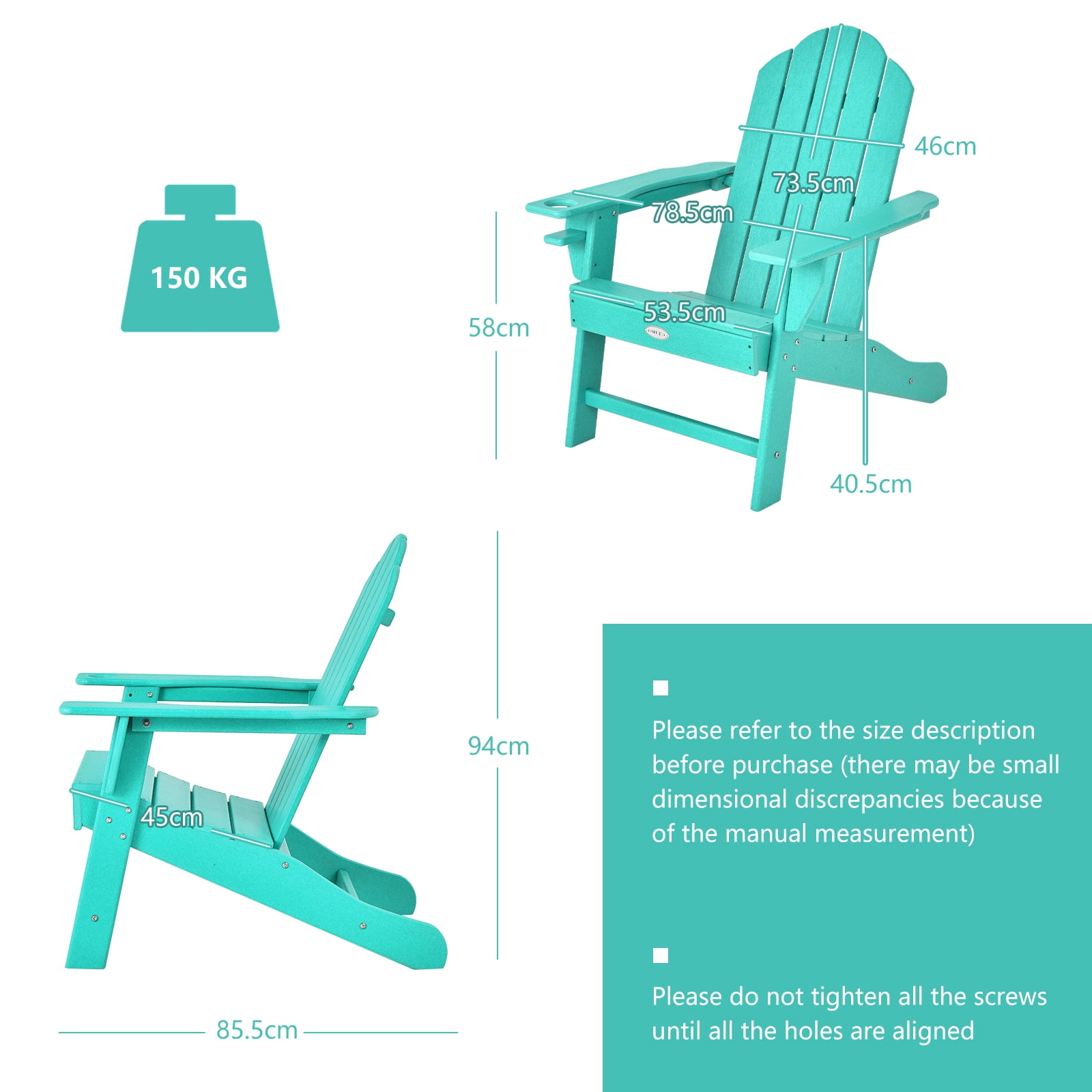 Patiojoy Adirondack Chair Outdoor with Cup Holde Weather Resistant Lounger Chair for Backyard Garden Patio and Deck Turquoise