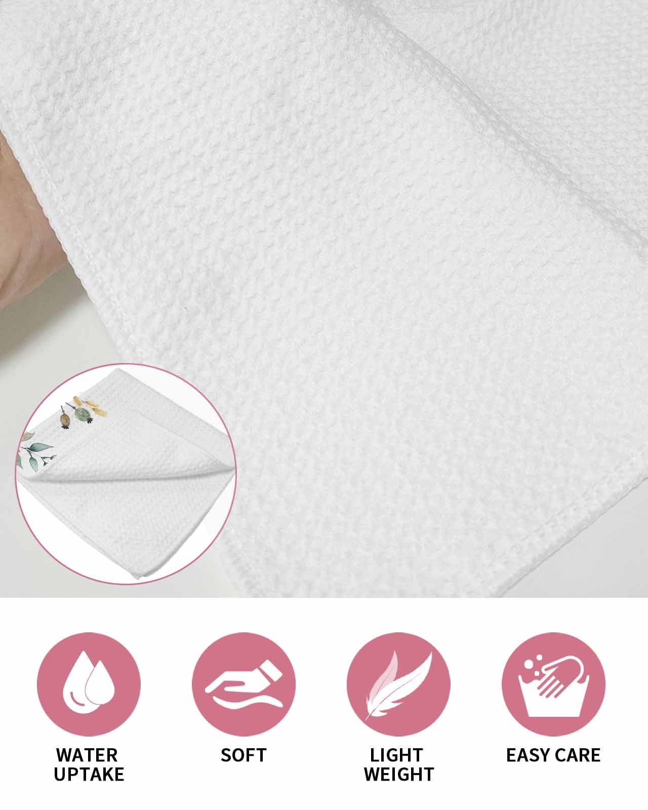 Eucalyptus Flower Hand Towels Set,Waffle Weave Kitchen Towels 4 Pieces,Sage Green Botanical Boho Leaf Pink Microfiber Hair Face Bath Tea Towel Absorbent Quick Drying Cleaning Dish Cloths,15.7"x23.6"