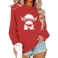 thumbnail image 4 of SYMOID women's casual oversized cotton sweatshirt, cute Hi-nd cow graphic, crew neck cuffed sleeve, red,Size S, 4 of 6