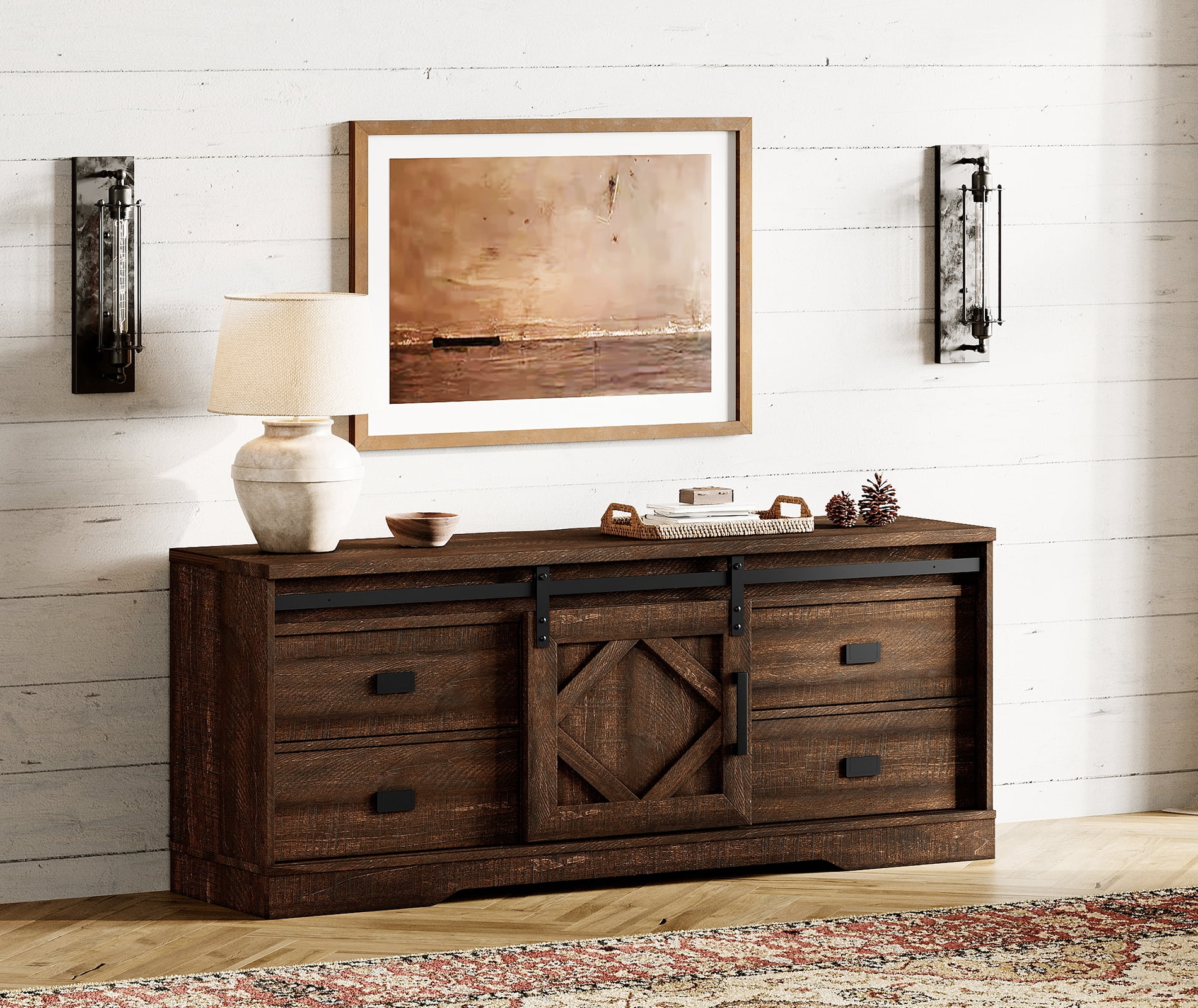Wampat Modern Farmhouse TV Stand for 65" TV Rustic Brown Wood with Barn Door, Drawers & Storage