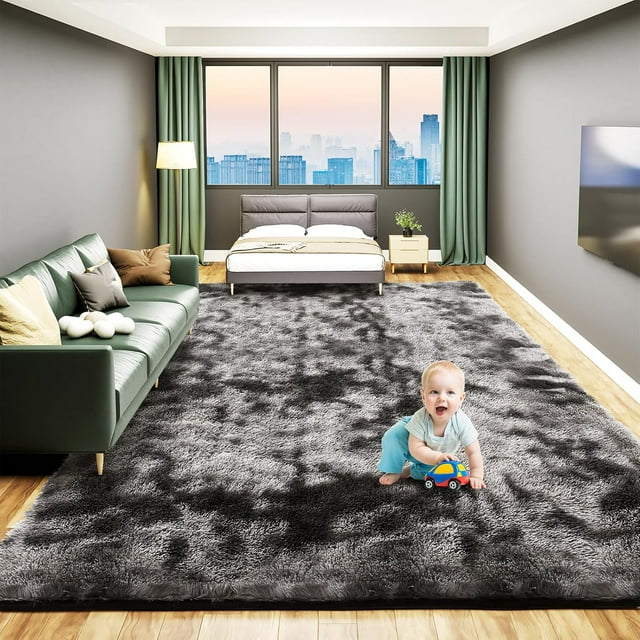 Fluffy Soft Rug for Living Room, 9X12 Indoor Modern Area Rugs Fluffy Bedroom, Thick Large Carpets for Kids Bedroom Home Decor Nursery Rug, High Pile Soft Throw Rug, Anti-Skid, Tie-Dyed Dark Grey
