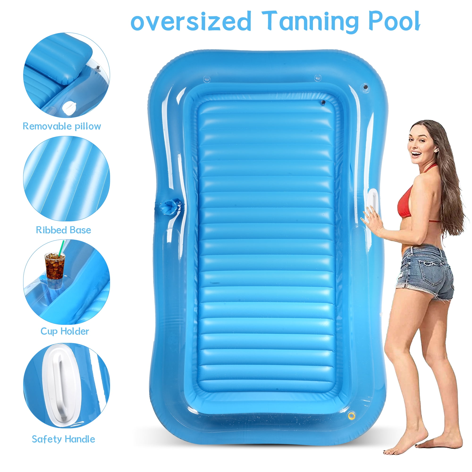Inflatable Tanning Pool Lounger Float with Sprinkler, 81" x 53" Pool Floats Adult with Pillow, all in one Suntan Tub Raft Floatie with Drink Holder Sunbathing Water Lounge (Clear Blue)