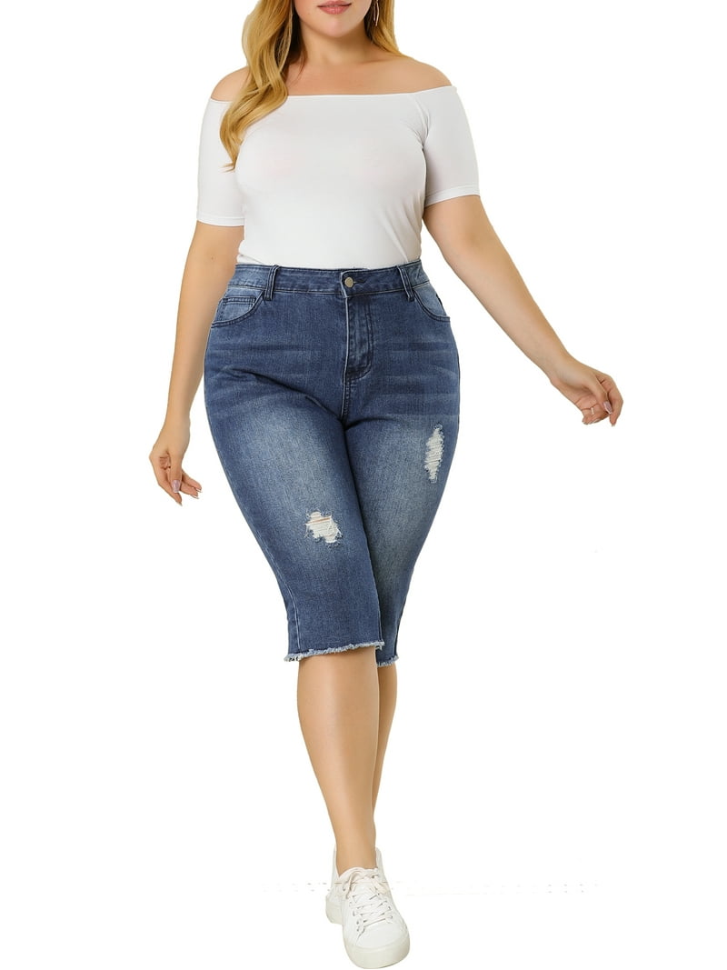 MODA NOVA Junior's Plus Size Capri Jeans Ripped Slash Pocket Raw