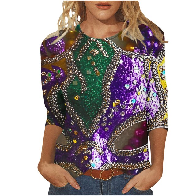 Penkiiy T-shirt Blouse Décontractée à Col Rond Manches 3/4 Mode Mardi Gras pour Femmes 3TG Multicolore