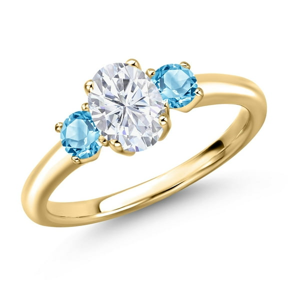 Gem Stone King 10K Yellow Gold White Moissanite and Swiss Blue Topaz Engagement Ring for Women | 1.30 Cttw | Oval 7X5MM | Gemstone Birthstone | Size 8