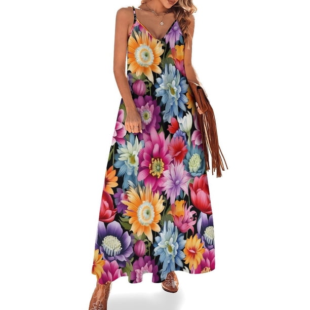 Vestido largo con estampado de lirios y flores, con tirantes y diseño geométrico, para uso urbano, informal, largo, de verano, con escote en V y tallas grandes
