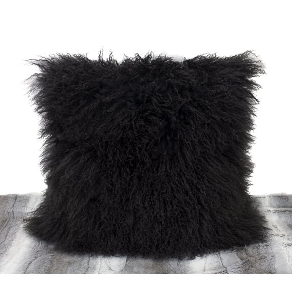 Fennco Styles Geniune Mongolian Lamb Fur Throw Pillow (Black, 20"x20" Case Only)