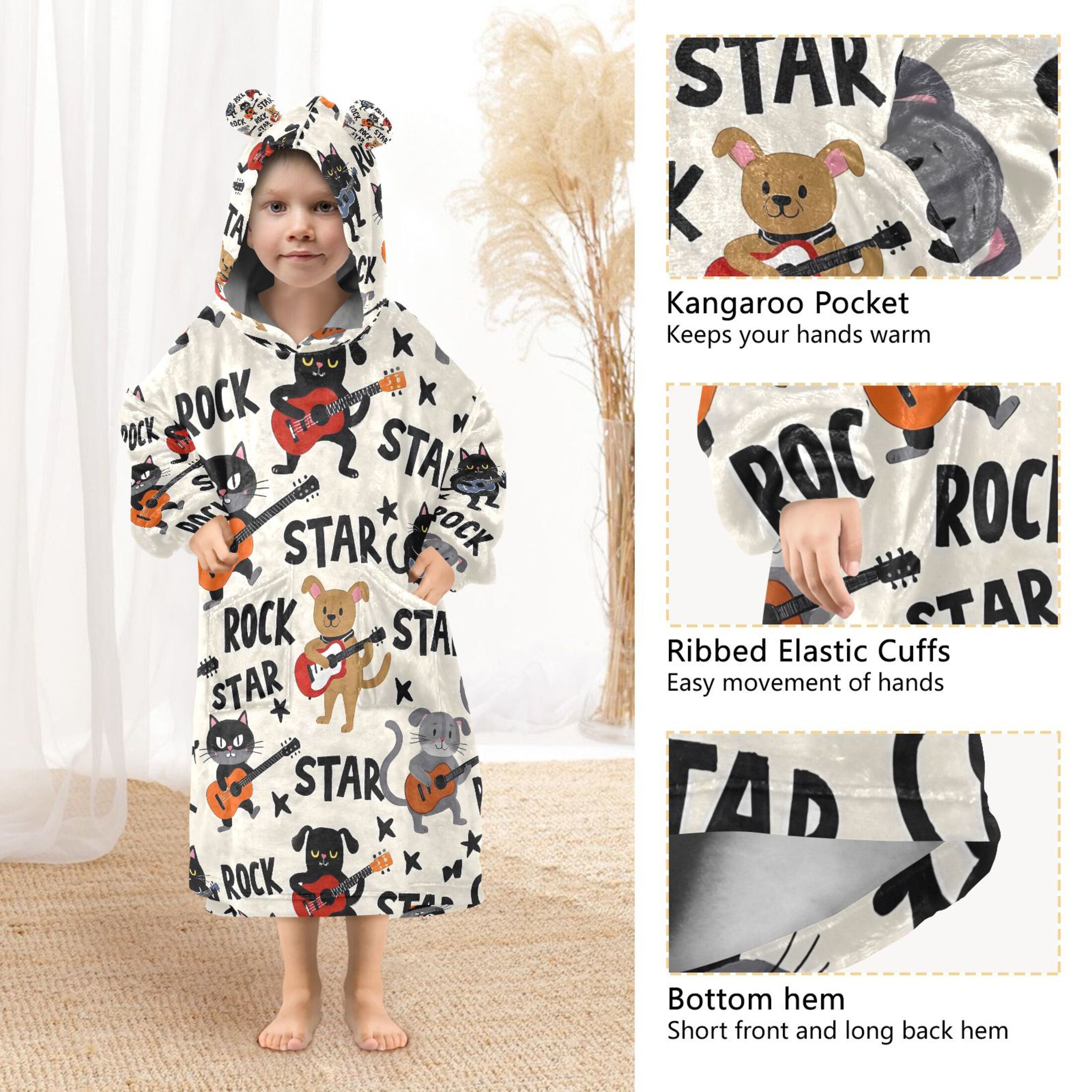 joogoo Blanket Hoodie for Guitar Cute Cat Oversize Sweatshirt 3-14 YR L