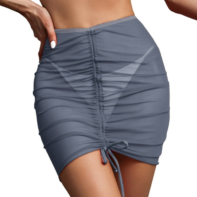 FhsagQ Women's Swimsuit Sets Camisoles & Tanks Built In Women Ruffle Trim Sheer Beach Skirt Cover up Beach Wrap Bikini Shiny Wraps Cover for Swimwear Mesh Drawstring Skirt Lingerie Underwear Grey XL