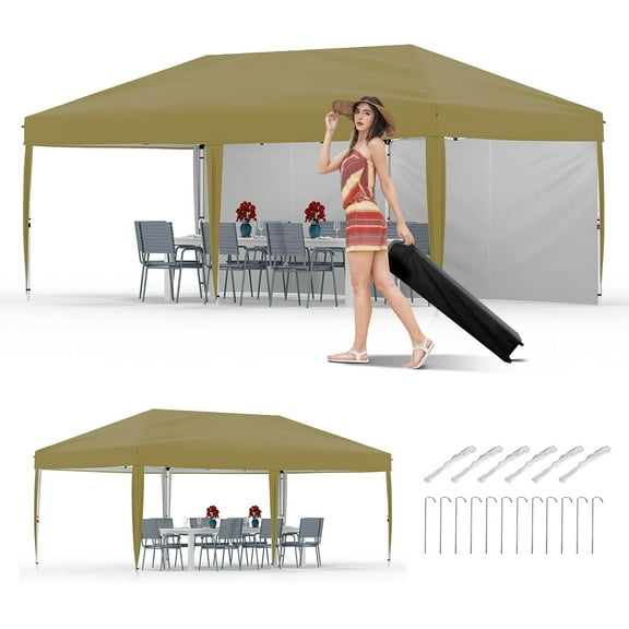 ChaoLink 10x20 Pop Up Canopy with 2 Sidewalls - Heavy Duty Outdoor Tent with Portable Roller Bag and Accessories, Khaki