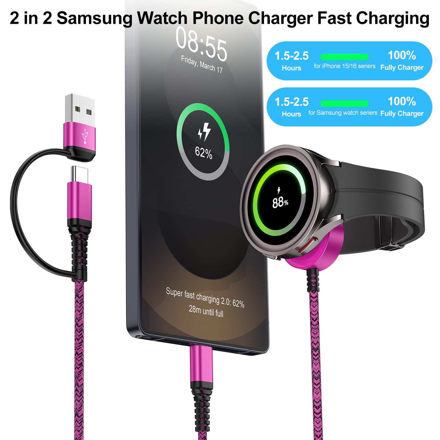 2 in 2 USB C Watch Charger,2Pack Type C Charger Block w/ Type C Charger Cable Cord 6FT USB C Fast Charging Dock Stand Replacement Wireless Magnetic USB Type C Watch Charger Pad Compatible for Samsung