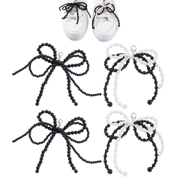 4Pcs Pearls Shoe Charms for Sneakers 2 Styles Black Shoe Lace Charms Elegant Pearl Buckle Bowknot Shoe Decoration Charms Beaded Chain for Wedding Gift for diy