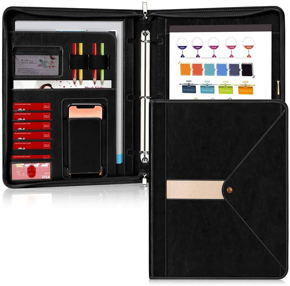 Zippered Padfolio with 3 Ring Binder (1’’ Round Ring), Toplive Business