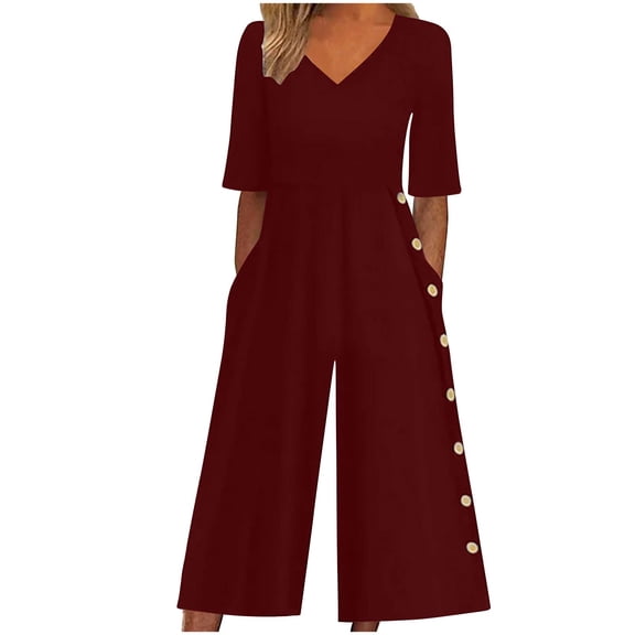 Rompers for Women 2026 Summer Fashion Short Sleeve V Neck Overalls Trendy Casual Solid Wide Leg Zip Rompers LadiesLoose Comfy Tummy Control Rompers