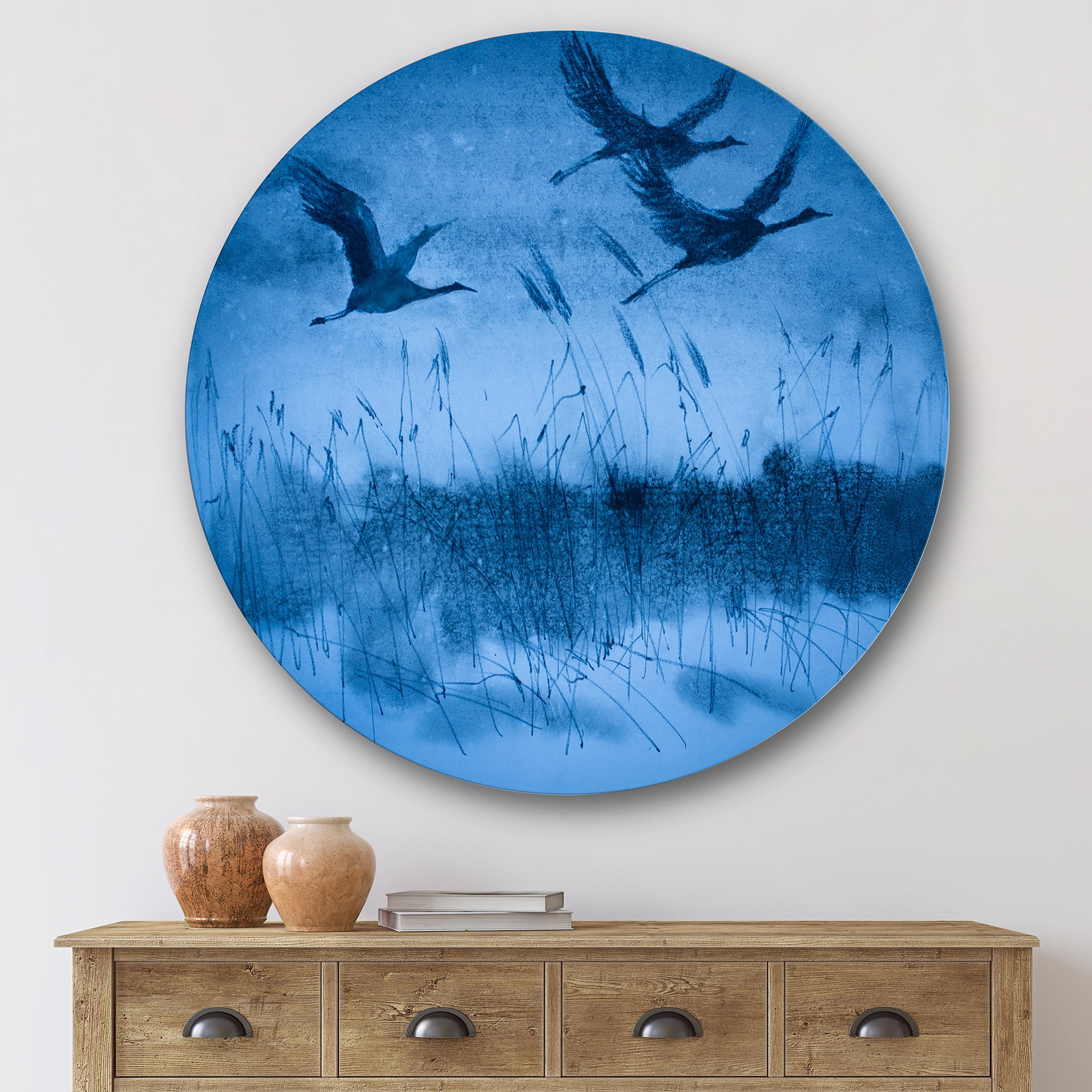 Designart 'Cranes In Flight During Blue Evening Light' Traditional Circle Metal Wall Art 29x29 - Disc of 29