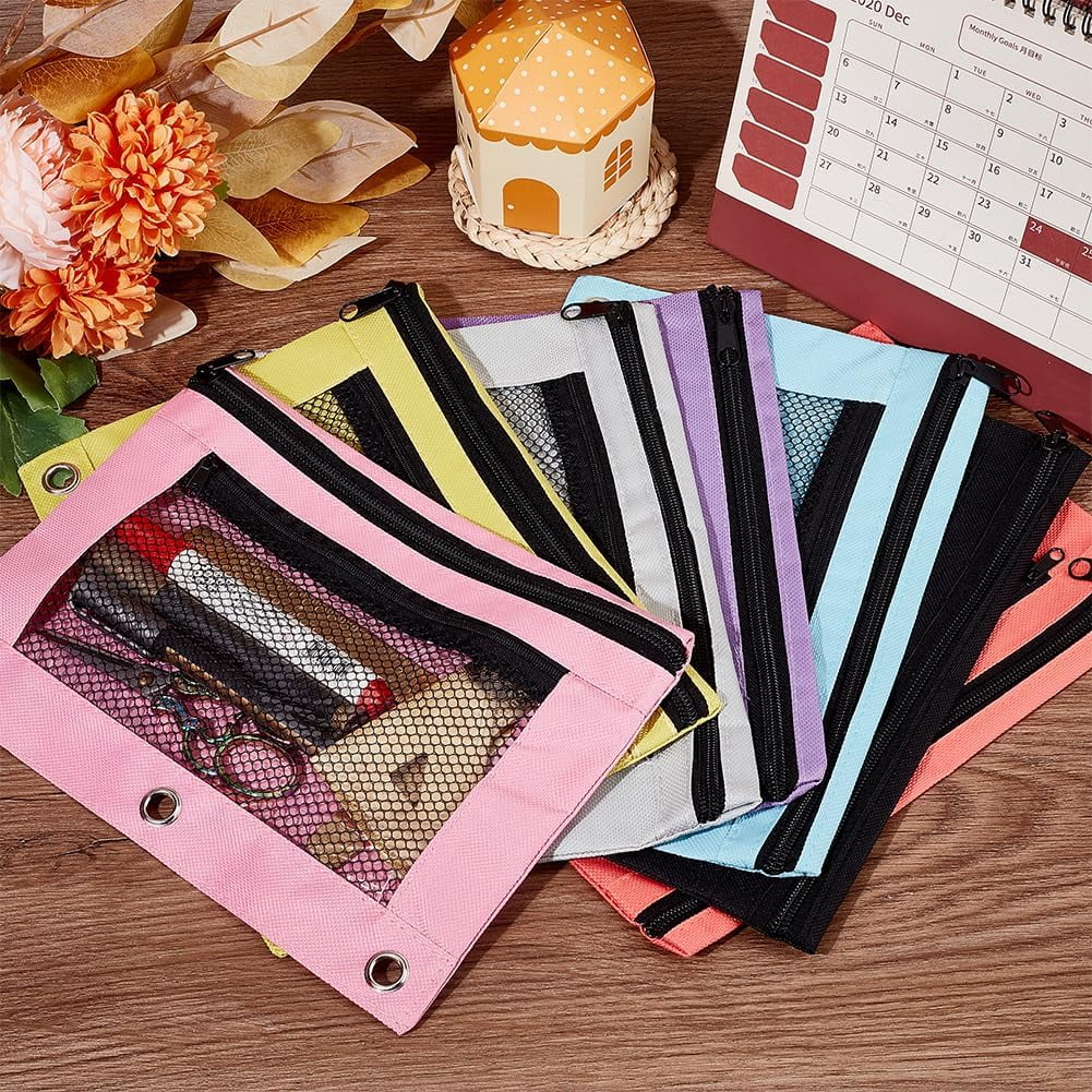 7 Colors Pencil Pouches Zippered for 3 Ring Binder with Smooth Zippers Dual-Pockets Mesh Window Pencil Case Cosmetic Bag Organizer for Storing Classroom Office Home Stationery Supplies