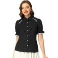 thumbnail image 1 of Blusa vintage con cuello Peter Pan para mujer, con ribete en contraste, manga corta, con botones Negro XS, 1 of 5