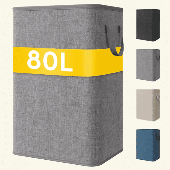 Norcho 80L Tall Collapsible Laundry Hamper with Handles, Foldable Portable Clothes Basket for Dorm Bathroom, Light Gray