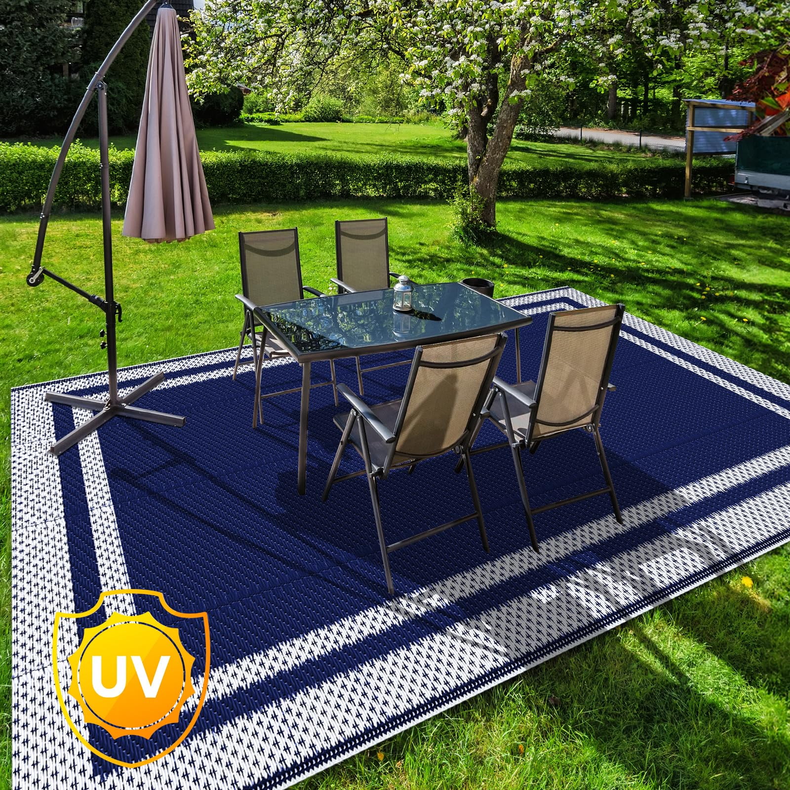 Flngr Waterproof  Outdoor Rug, 8 x 10 ft Reversible Patio Rugs, Outdoor Area Rug Foldable Plastic Camping Rugs for Outside RV, Patio,Picnic,Camper,Balcony,Porch (Blue &White)