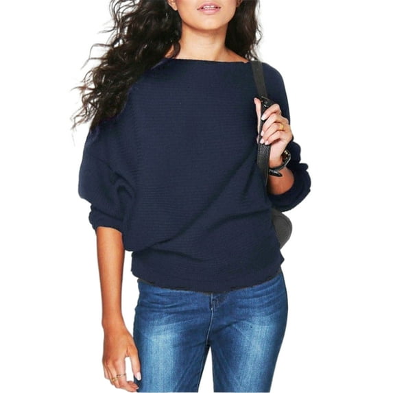 Niuer Women Cozy Winter Warm Pullover Ladies Thermal Knitted Sweaters Crew Neck Work Solid Color Loose Jumper Tops Navy Blue M